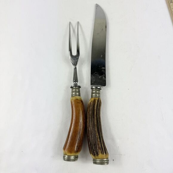 Solingen Fixed Blade Knife Fork Set Meyer Rostfrei Vintage Stainless Stag Handle - Picture 5 of 5